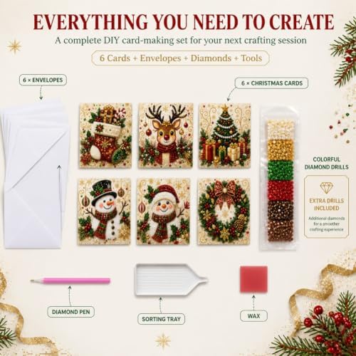 Diamond Art Painting Christmas Cards 6 Pack, 5D DIY Gem Greeting Card Kits - Image 6