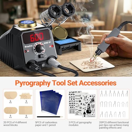 Preciva Wood Burning Kit, Wood Burning Pen 40W Adjustable Temperature 482°F ~ 1382°F, Wood Burning Tool Kit with 20pcs Soldering Tips & Digital Display Heat-Resistant Handle for Wood & Leather Crafts - Image 6