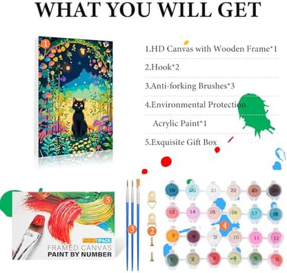 Fountor Framed Paint by Numbers Kit for Adults Beginner & Kids Ages 8-12, Black Cat Paint by Number with Frame, Easy Acrylic Cat Flowers Painting by Numbers Kit on Canvas 8x12 inch - Image 4