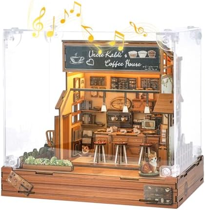 DIY Miniature House Kit (Vintage Coffee Shop) Tiny Dollhouse Kits for Adults to Build, Mini Model Kits with LED Light&Music Box&Dust-Proof Cover, Birthday Gifts for Family Friends by Cutywood