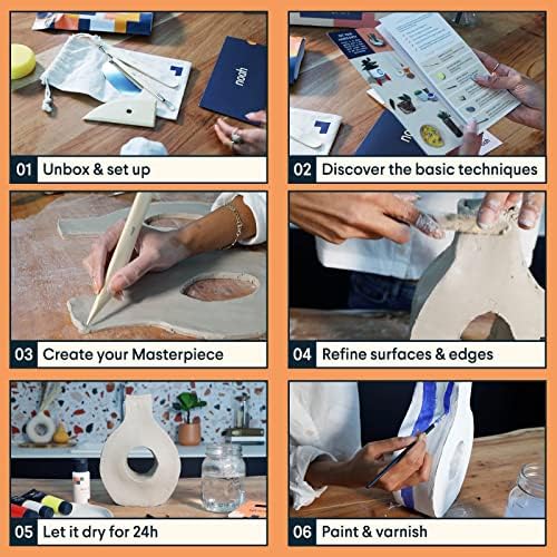 noah Pottery Kit for Beginners - Set Includes Air Dry Clay, Clay Tools and Acrylic Paints - Crafts for Adults (White Clay/Pastel Paint) - Image 6