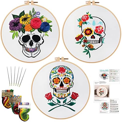 Nuberlic 3 Pack Embroidery Kit for Beginners, Halloween Skull Cross Stitch by Nuberlic