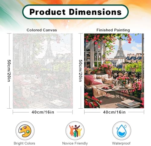 Possoco Paint by Numbers Kit for Adults Beginner, Eiffel Tower Landscape Adult Paint by Number Kits on Canvas, DIY Acrylic Watercolor Oil Paint by Number for Adults for Home Decor Gift 16x20 Inch - Image 3