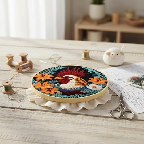 FRANDEK DIY Flower Rooster Stamped Embroidery Kit with Hoop for Adults - Image 6