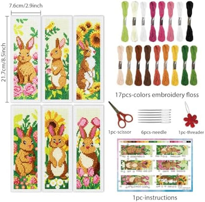 INFUNLY 6 Set Brown Rabbit DIY Cross Stitch Bookmark Kits for Adults Flowers Counted Cross Stitch Kit with Instructions Bunny Stamped Embroidery Bookmark Kit for Book Lovers Readers Gift - Image 2