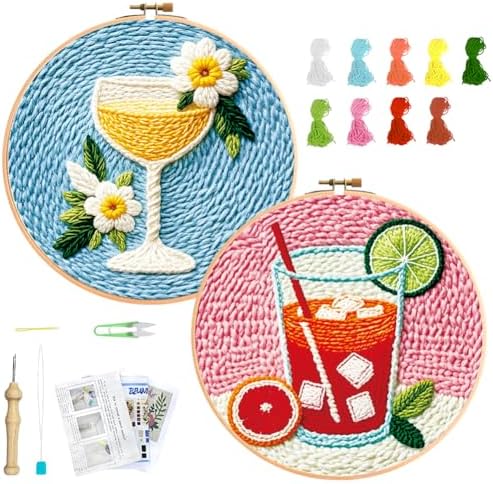 BEUNITONE 2Pcs Drinks Punch Needle Kit for Adults Beginners, Complete Embroidery Craft Kit Needlepoint Kits for Adults with Hoop, Punch Needle Starter Craft Set for Gifts and Home Decor 20x20CM by BEUNITONE