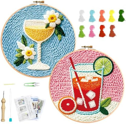 BEUNITONE 2Pcs Drinks Punch Needle Kit for Adults Beginners, Complete Embroidery Craft Kit Needlepoint Kits for Adults with Hoop, Punch Needle Starter Craft Set for Gifts and Home Decor 20x20CM by BEUNITONE