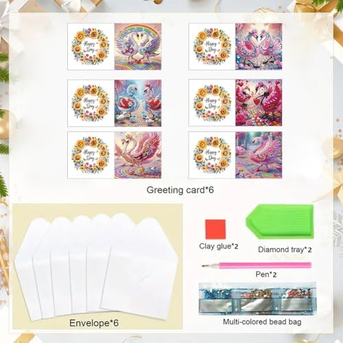 jinglinhh 6pcs Rainbow Pink Swan Diamond Art Painting Greeting Cards with Envelopes, DIY Card Making Kits for Adults, Diamond Art Postcards Christmas Cards Craft Gifts - Image 3