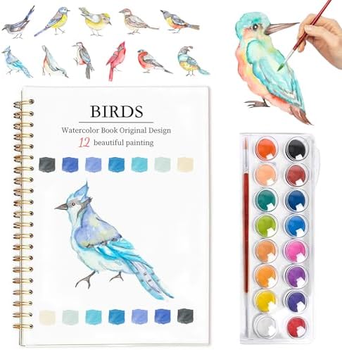 Easy Watercolor Workbook for Beginners - 12 Beautiful Step-by-Step Paintings Water Coloring Book, Includes 16 Colors Paints, Relaxing Art Projects and Creative Gift for Adults & Teen (Birds) by Yangmics+Direct