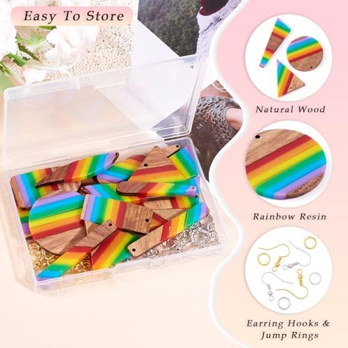 Elecrelive 8 Pairs Stripe Wood Earring Pendants Resin Wood Charms with Ear Hooks Triangle Rectangle Leaf Dangle Earring Making Starter Kit for Jewelry Craft Making - Image 2