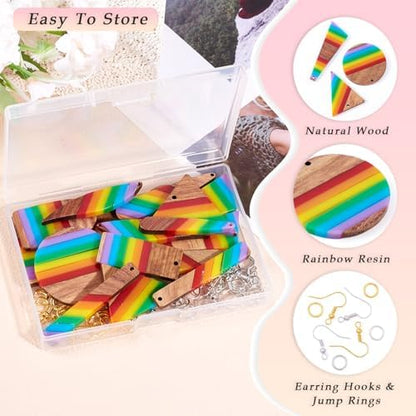 Elecrelive 8 Pairs Stripe Wood Earring Pendants Resin Wood Charms with Ear Hooks Triangle Rectangle Leaf Dangle Earring Making Starter Kit for Jewelry Craft Making - Image 2