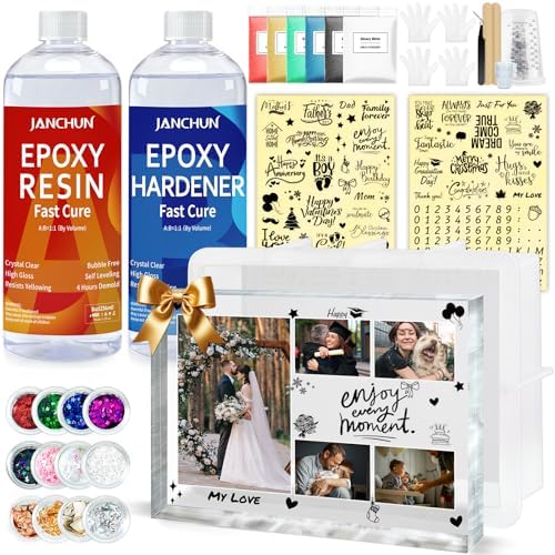 JANCHUN Resin Picture Frames Craft Kit, 16oz Resin Kit and Molds Complete Set with Photo Frame Word Stickers Gift for Couples, Family, Friends, Birthday, Graduation, Baby, Wedding, Back to School by JANCHUN