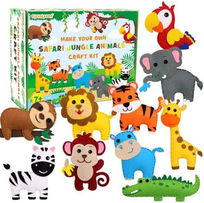 CiyvoLyeen Kids Sewing Kit Crafts - Safari Jungle Animal DIY Felt Crafts for Boys & Girls Art & Craft Set Learn to Sew Toy Animals Gift for Ages 7–12, 10 Cute Projects by CiyvoLyeen