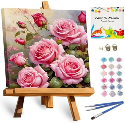 TOCARE Framed Paint by Numbers Kit for Adults Beginners & Kids Ages 8-12,Pink Rose Paint by Number with Frame,Easy Flowers Paint by Numbers Framed Canvas (10x10 Inch, Without Easel) by TOCAREDirect