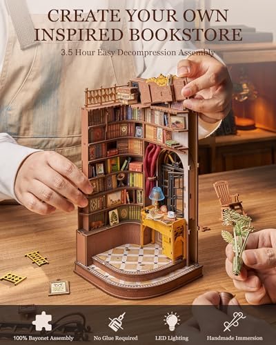 Rolife DIY Book Nook Kit Silent Corner Study, 3D Puzzles Creative British Bookend Bookshelf Decor for Adults, Tiny House Miniature Kits Model Building Kits, DIY Crafts/Gifts for Teens & Book Lovers - Image 6