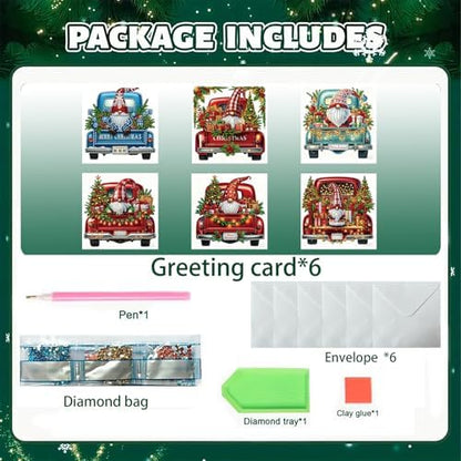 jinglinhh 6pcs Diamond Art Painting Christmas Truck Gnome Greeting Cards with Envelopes, DIY Card Making Kits for Adults, Diamond Art Christmas Cards for Birthday Holiday Postcards - Image 3