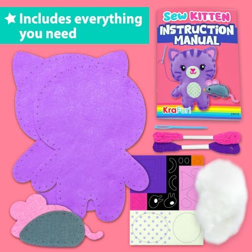 KRAFUN Beginner Sewing Kit, Sew Kitten & Mouse, Pre-Cut Felt, Kids Ages 5+ - Image 2