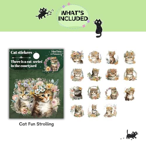 45 pcs Junk Journal Scrapbook Sticker, Junk Journal Supplies, Aesthetic Washi Materials, Decorative Ephemera Planner Arts Craft, Watercolor Scrapbooking for Adults (Cat Fun Strolling) - Image 2