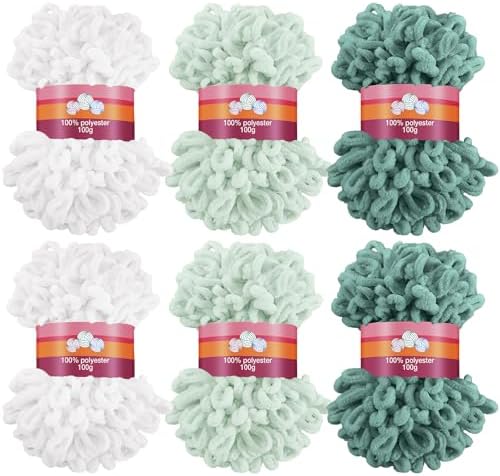 Threlaco 6 Skeins Loop Yarn for Finger Knitting, 600g, White, Green by Threlaco
