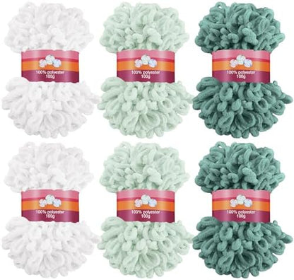Threlaco 6 Skeins Loop Yarn for Finger Knitting, 600g, White, Green by Threlaco