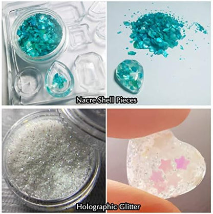 UV Epoxy Resin Kit 100ML Transparent + 8x30ML Color Resin Crystal Clear + 3 Molds for Jewelry Making Pendants Earrings + Portable UV Lamp + 24 Holographic Glitter + Nacre Shells Pieces for DIY Crafts - Image 5