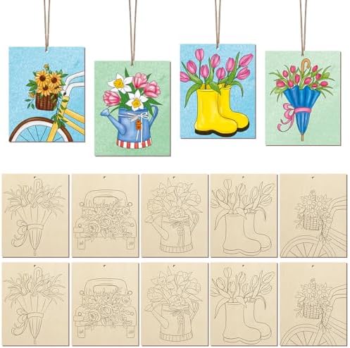 COCHIE 10 Pieces Large Spring Unfinished Wood Crafts to Paint for Adults, Bulk Predrilled Wooden Ornaments for Painting, Tulips Flowers Paintable Wood Slices Craft Supplies with Ropes by COCHIE