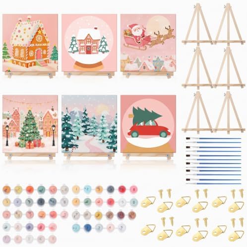 YooNotee 12 Pack Valentine's Day Paint by Numbers Kit - 8 x 8 Inches Pink Themed DIY Canvas with Wooden Display Easel, Brushes and Paints 6 Designs for Adults Family Holiday Decor by Unknown