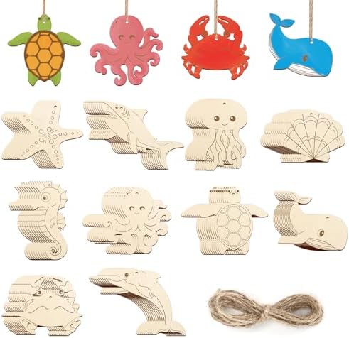 80PCS Wooden Sea Ornaments to Paint, 10 Styles DIY Blank Unfinished Wood Ocean Whale Seahorse Octopus Starfish Dolphin Turtle Shark Crab Cutouts Ornament for Crafts Hanging Decorations Summer by Sophena