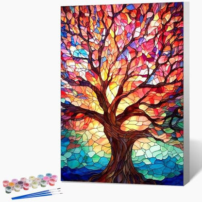 Fountor Framed Paint by Numbers Kit for Adults Beginner & Kids Ages 8-12, Tree of Life Paint by Number with Frame, Easy Acrylic Stained Glass Colorful Tree Painting by Numbers Kit on Canvas 8x12 inch by Fountor