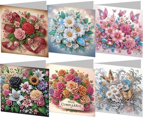 jinglinhh 6pcs Flowers Butterfly Rose Daisy Diamond Art Painting Greeting Cards with Envelopes, DIY Card Making Kits for Adults, Diamond Art Postcards Christmas Cards Craft Gifts by Unknown