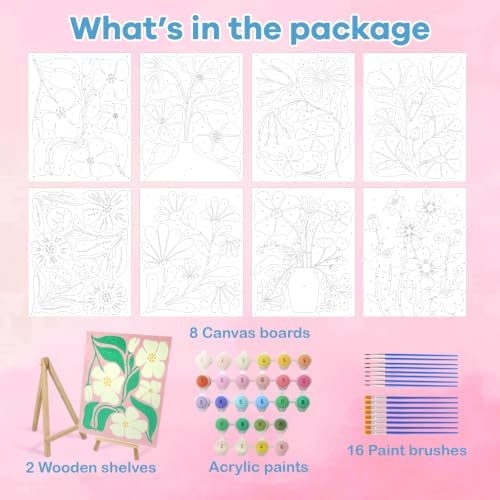 Goldentime 8 Pack Paint by Numbers Kit for Adults and Kids Beginners | 8x10 Inch Flower Canvas Painting Kit with 16 Brushes, 26 Acrylic Paints & Wooden Supports | Predrawn Canvas for Home Decor Gifts - Image 2