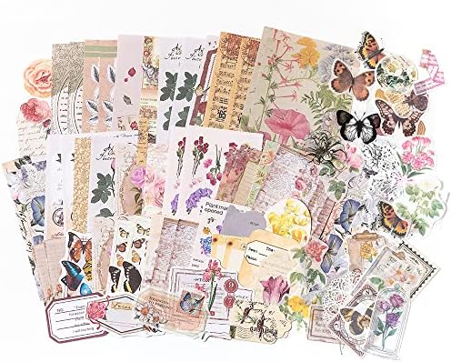 Alideco 260pcs Vintage Scrapbook Stickers Scrapbooking Paper Washi Junk Journaling Supplies Collage Album Aesthetic Cottagecore Picture Frames(Flowers Butterfly) by Alideco