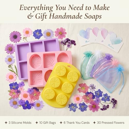 GLYNORKS Silicone Soap Molds for Soap Making, 20pcs Soap Molds Kit with Rectangle, Lemon & Leaf Designs, 10 Gift Bags, 6 Cards & 30 Dried Flowers, DIY Soap Making Supplies Kit for Adults - Image 6