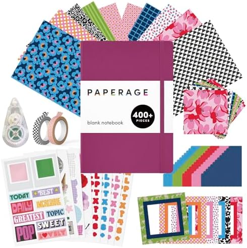 PAPERAGE Junk Journal & Scrapbook Kit, Hardcover Blank Journal Notebook, 20 Patterned Papers, 8 Sticker Sheets, 20 Die-Cut Shapes, 2 Washi Tapes & Tape Roller, Creative Journaling Supplies - Raspberry by PAPERAGE