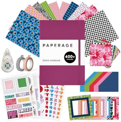 PAPERAGE Junk Journal & Scrapbook Kit, Hardcover Blank Journal Notebook, 20 Patterned Papers, 8 Sticker Sheets, 20 Die-Cut Shapes, 2 Washi Tapes & Tape Roller, Creative Journaling Supplies - Raspberry by PAPERAGE