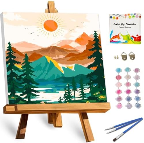 TOCARE Framed Paint by Numbers Kit for Adults Beginner, Sunset Mountains Paint by Number Framed,Easy Adult Paint by Number Kits on Canvas Framed (10x10 Inch, Without Easel) by TOCAREDirect