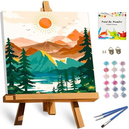 TOCARE Framed Paint by Numbers Kit for Adults Beginner, Sunset Mountains Paint by Number Framed,Easy Adult Paint by Number Kits on Canvas Framed (10x10 Inch, Without Easel) by TOCAREDirect