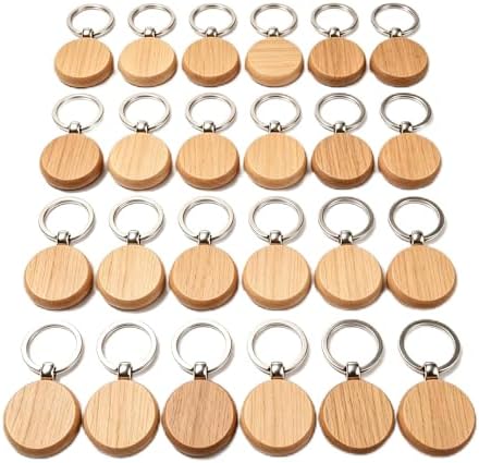 24 Pieces 1.5 Inch Round Wood Keychain Blanks, Unfinished Wood Crafts with Stainless Steel Rings for Laser Engraving, DIY Personalized Gifts, Pet Tags, Christmas Decorations by Bekecidi