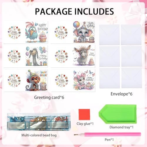 Focart 6-Pack Pets Birthday Diamond Painting Greeting Card Kits, Special Shaped Diamonds Painting, DIY Handcraft for Relatives and Friends with Wishes,Unique Design Crafting for Birthday Cards - Image 3