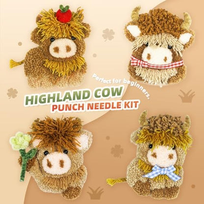 Punch Needle kit-4,Embroidery kit for Beginners,Punch Needle Kits Adults Beginner,Needles, Curved Scissors, a Tool Storage Box, Yarn, Easy-to-Follow Instructions, and Tutorial Videos(4 Highland Cow) - Image 2