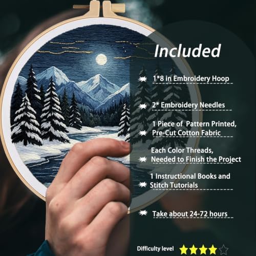 FONNUY Embroidery Kit for Beginners, Boho Nature Landscape Pre-Stamped Pattern Kits for Adults with Hoop, Easy to Follow Color Thread Needlework, 8'' Hoop (Winter Night) - Image 2