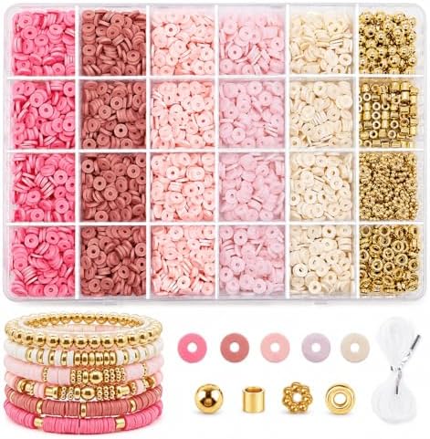 Believo Polymer Clay Beads Kit for DIY Jewelry with Elastic Cord, Colorful Flat Heishi Beads and Spacer Pieces – Ideal for Friendship Bracelet & Necklace Making (Pink) by Unknown