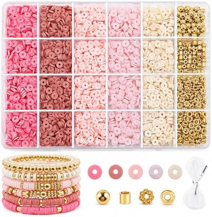 Believo Polymer Clay Beads Kit for DIY Jewelry with Elastic Cord, Colorful Flat Heishi Beads and Spacer Pieces – Ideal for Friendship Bracelet & Necklace Making (Pink) by Unknown
