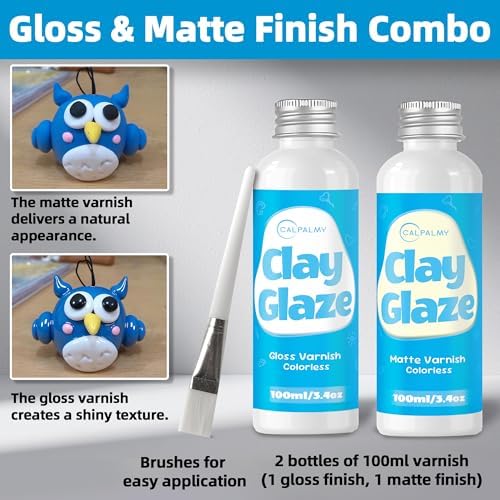 CALPALMY 2 x 100ml Clay Glaze Kit - Varnish Sealant for Pottery, Crafts, Polymer Clay, Acrylic Paint - Waterproof, Scratch-Resistant Clear Gloss for Air Dry Clay (Gloss+Matte) - Image 2