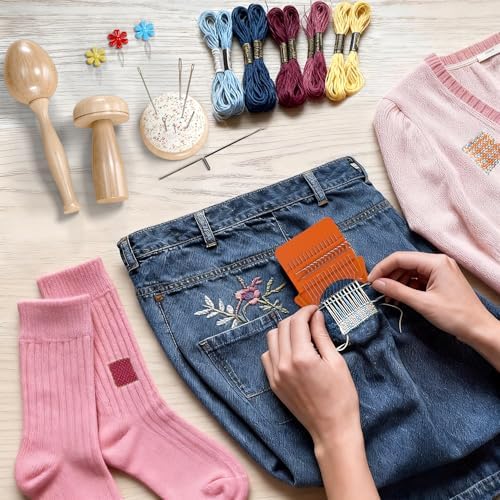READAEER Speedweve Darning Mini Loom Kits Machine for 14 & 28Hooks Speedweve Style Weaving Darning Loom with 9 Pcs Large Eye Needles 100 Colors Thread for Handcraft DIY Weaving Repair Tool - Image 5