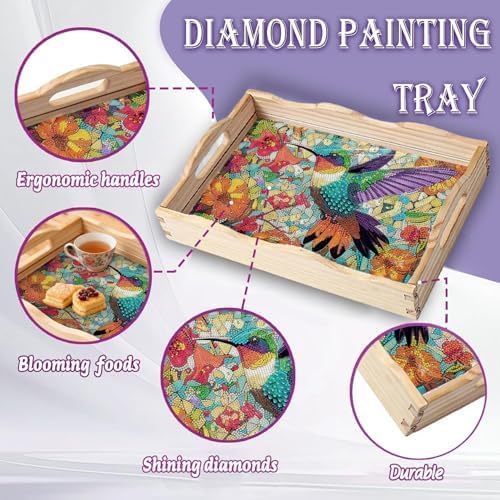 EWJRNSF 5D Diamond Painting Flowers Diamond Art Kits for Adults Wooden Serving Trays with Handles Big Gem Arts and Craft Gifts Trays Decor Gift Home Decor 9.8x13.8 Inches Hummingbird - Image 5