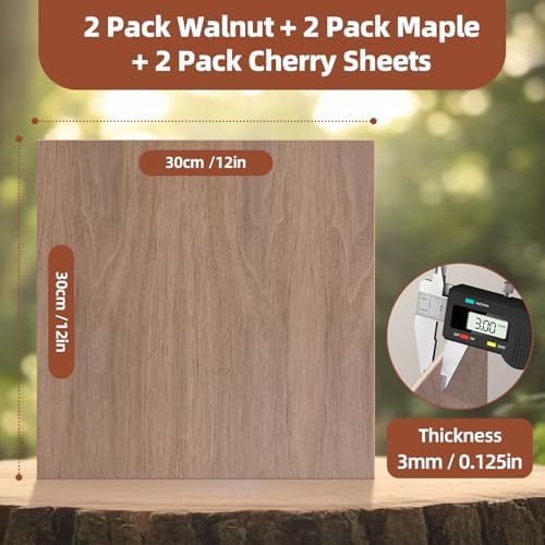 Rowood Plywood Sheets for Laser Cutting, 2 Pack Walnut+Double Pack Maple Sheets+2 Pack Cherry,12x12x1/8inch,3mm Thin Unfinished Wood Crafts for Laser Engraving Blanks,DIY Ornaments Architectural Model - Image 2