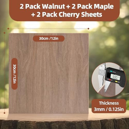 Rowood Plywood Sheets for Laser Cutting, 2 Pack Walnut+Double Pack Maple Sheets+2 Pack Cherry,12x12x1/8inch,3mm Thin Unfinished Wood Crafts for Laser Engraving Blanks,DIY Ornaments Architectural Model - Image 2