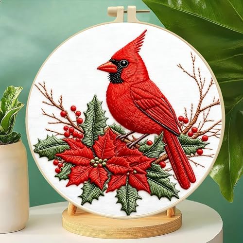 Zhenqing Cardinal Embroidery Kit for Beginners, Red Bird & Holly Needlework Craft with Pre-Printed Cotton Fabric, Hoop, Threads & Tools, Winter Holiday Decor (C0202) - Image 2