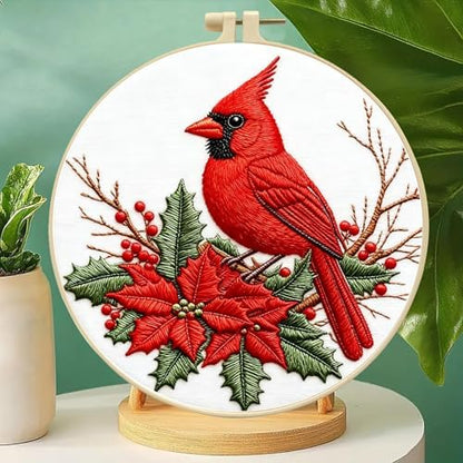 Zhenqing Cardinal Embroidery Kit for Beginners, Red Bird & Holly Needlework Craft with Pre-Printed Cotton Fabric, Hoop, Threads & Tools, Winter Holiday Decor (C0202) - Image 2